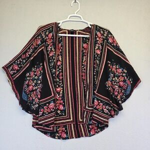 Vintage Y2K Angie Top Women M Black Floral Cold Shoulder Boho Patchwork Cardigan